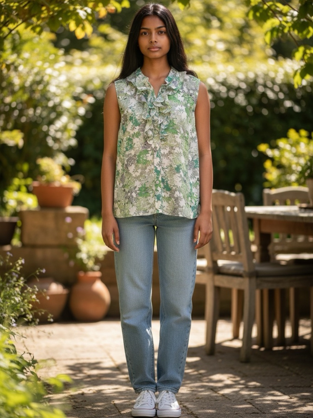 Tahari Green and White Floral Ruffle Sleeveless Blouse